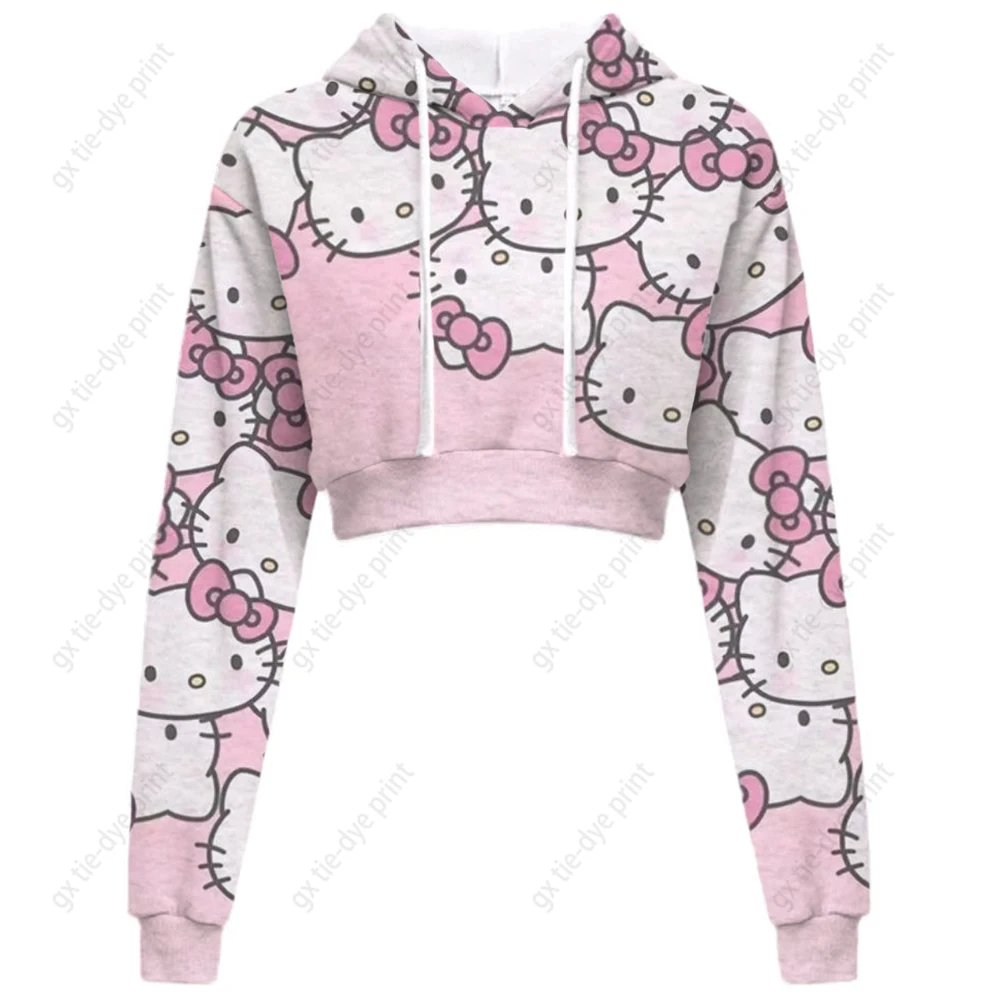 

Женские свитшоты с принтом Hello Kitty, пуловер с круглым вырезом, свитшоты, укороченные топы с длинным рукавом и кулиской, с вырезом для большого пальца