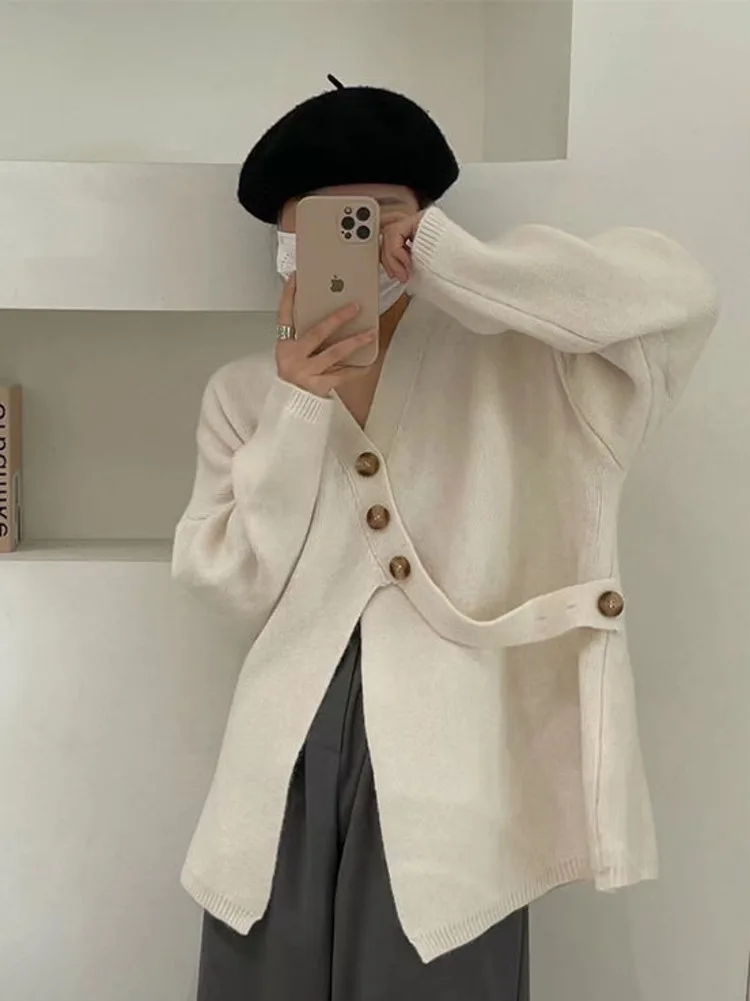 

Женский однотонный кардиган на пуговицах Ulzzang, дизайнерская зимняя ткань, уличная одежда, простая Милая элегантная уютная Асимметричная вязаная кофта