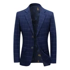 Синий клетчатый Блейзер высокого качества, мужской деловой костюм в британском стиле, Свадебный Блейзер, мужской облегающий костюм, куртка, модная мужская одежда