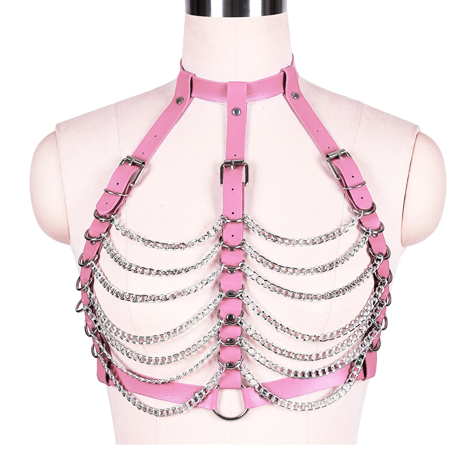 Pink Fetish BDSM PU Leather Body Chain Harness For Women Bralette Garter Belt Cage Bra Sexy Lingerie Erotic Pole Dance Rave Wear