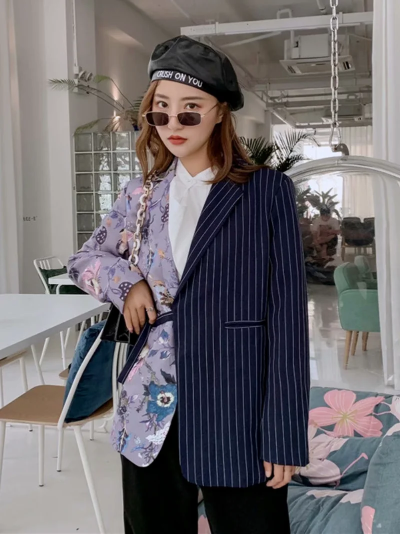 Striped and Floral Blazer with Bandage 2021 Women Fashion Buttonless Patchwork Lace Up Casual Office Blazer Suit with Free Belt