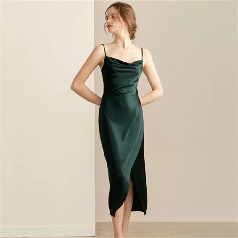 Асимметричное летнее элегантное платье из атласа с тонкими бретельками и воротником, средней длины для женщин, с особым дизайном для вечеринки Вестидос он.