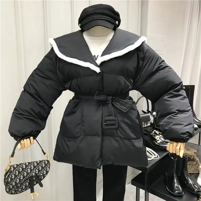 Women Thick and Warm Korean Version of The Navy Collar Waist Mid-length Cotton Clothes Elegant Loose Coat Women Winter Jacket