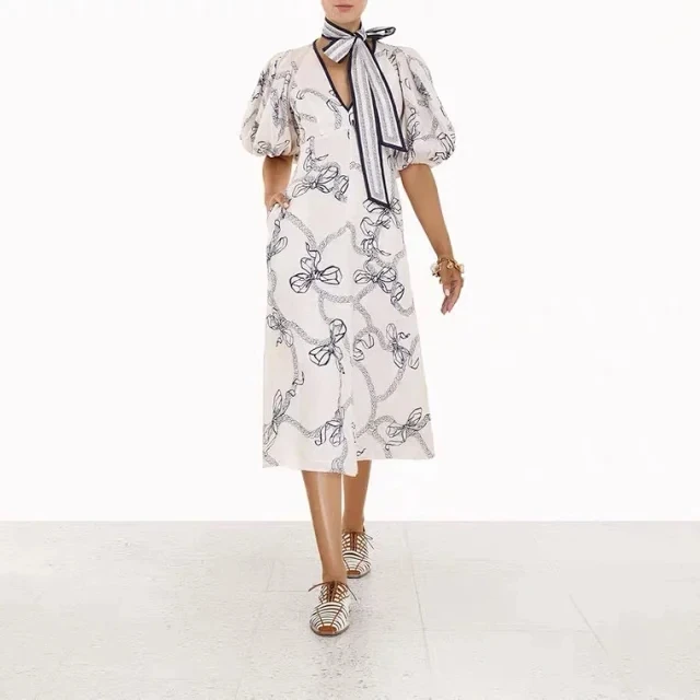 

125889 Fashion Classic Trendy Department Leader Puff Sleeve Waist Retraction Butterfly Print Thin Linen Long Dress