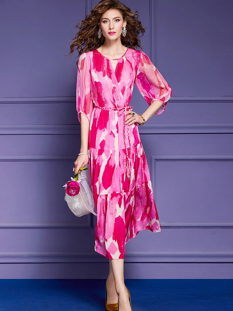 

Женское дизайнерское платье с принтом, розовое Элегантное повседневное платье средней длины с рукавом три четверти для отпуска, лето 2023
