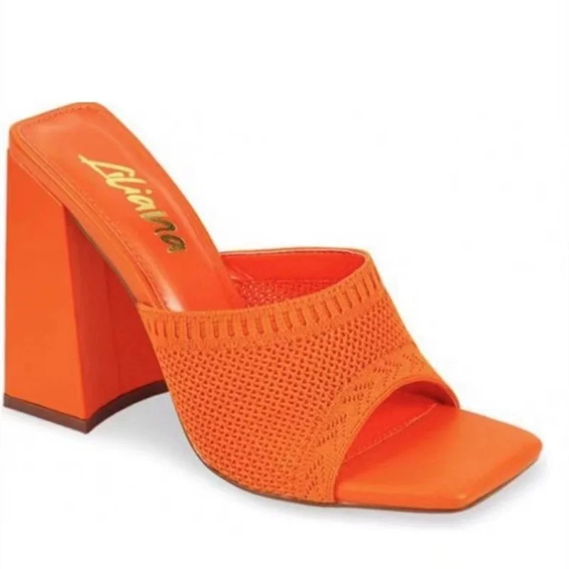 

European and American Style Flying Woven High-heeled Square-toed Slippers Fashion Women's Thick-heeled Fish Mouth Slippers2022