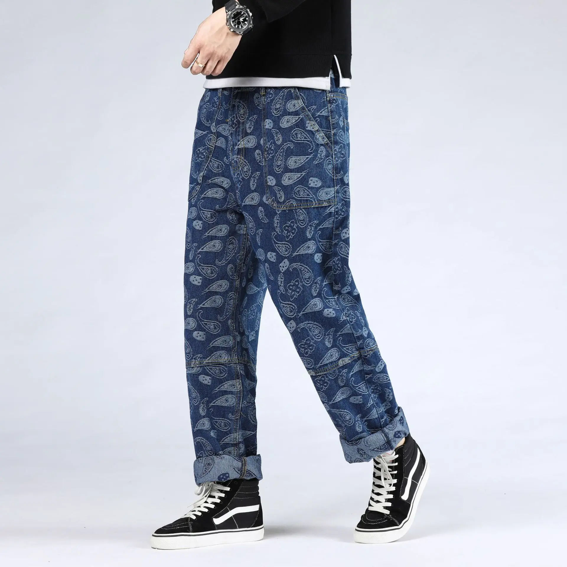 Oversize Loose Baggy Jeans Streetwear Hip Hop Print Jacquard High Waist Denim Pants Men Plus Size Cotton Straight jeans Trousers