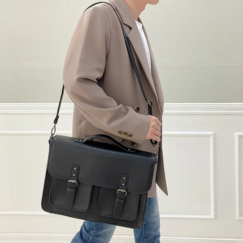 MVA Business Men's British Korean Briefcase Designer PU Leather Tote Bag Men's Shoulder Laptop Bags Black Travel Messenger Bag