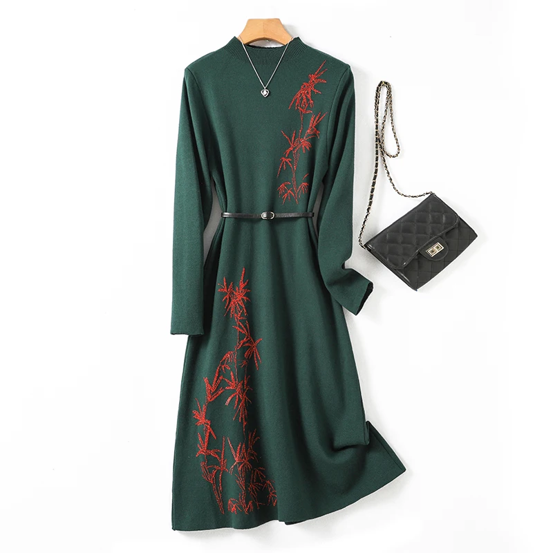 Винтажное трикотажное платье с длинными рукавами и принтом женское