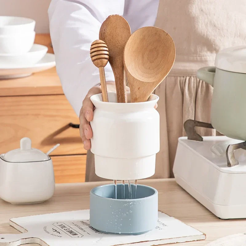 

Ceramic Utensils Holder Porcelain Cutlery Container Silverware Forks Spoons Organization Storage Jar Kitchen Accessories Drainer