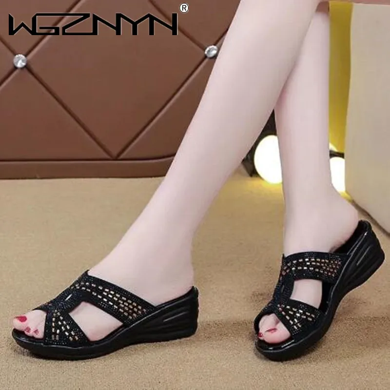 

Women Open Toe Fish Mouth Shining Sequined Slippers Rhinestone Decor All Match Breathable Chic Faddish Comfy Wedge Heel Slippers