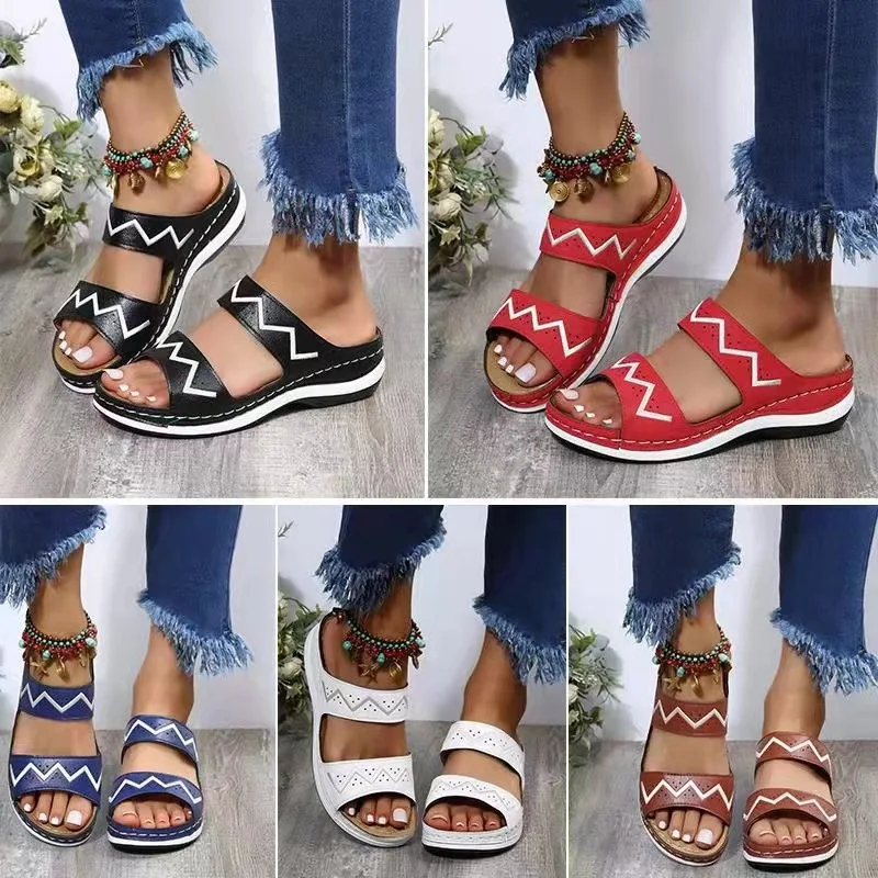 

2022 Summer Wedge Platfrom Sandals Retro Orthopedics Casual Women's Shoes Female Pu Flower Large Size 43 Sandalias De Mujer