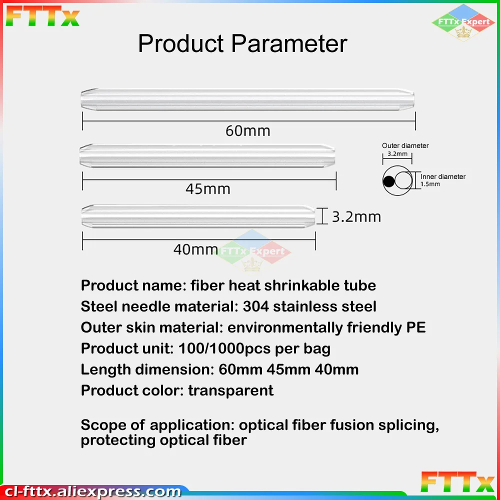 Free Shipping 1000pcs/lot 60mm 45mm 40mm Bare Fiber Optic Fusion Protection Splice Sleeves Heat Shrink Tube