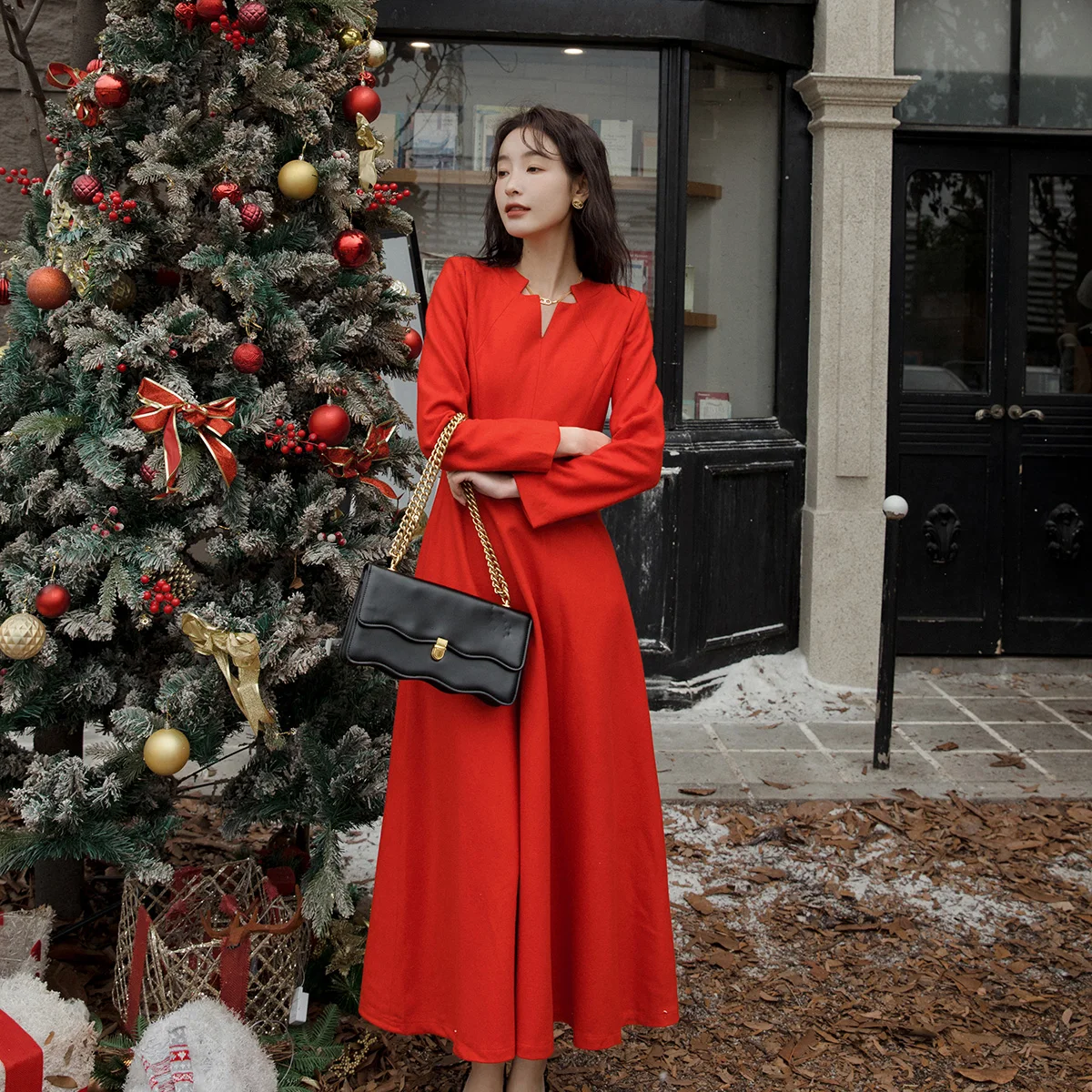 Wool Long Winter Dress Cashmere V-Neck Red Dress for Christmas New Year Runway Warm Snow Wear Maxi Evening Dress Ankle-Length