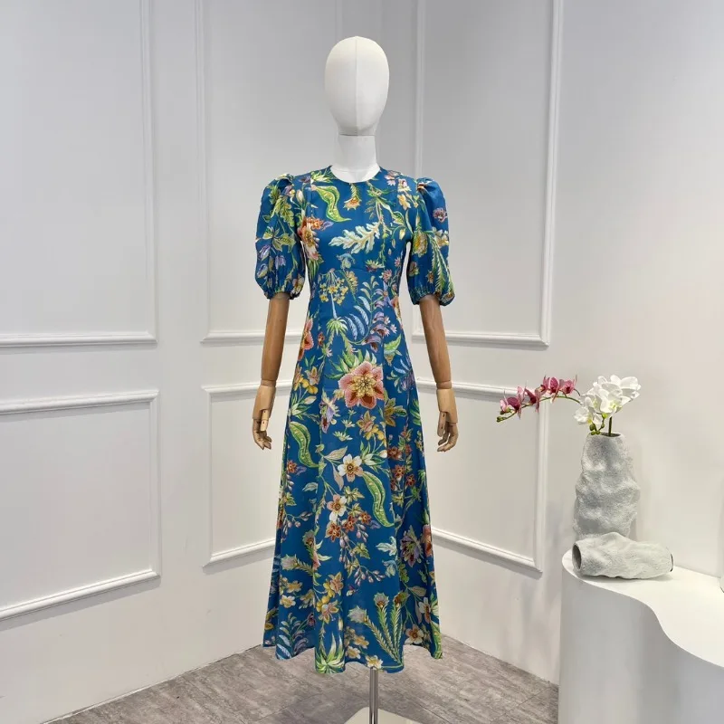

2023 Blue Botanic Flowers Printed Short Sleeve Midi Dress Summer Autumn Vintage Women Fashion Clothes