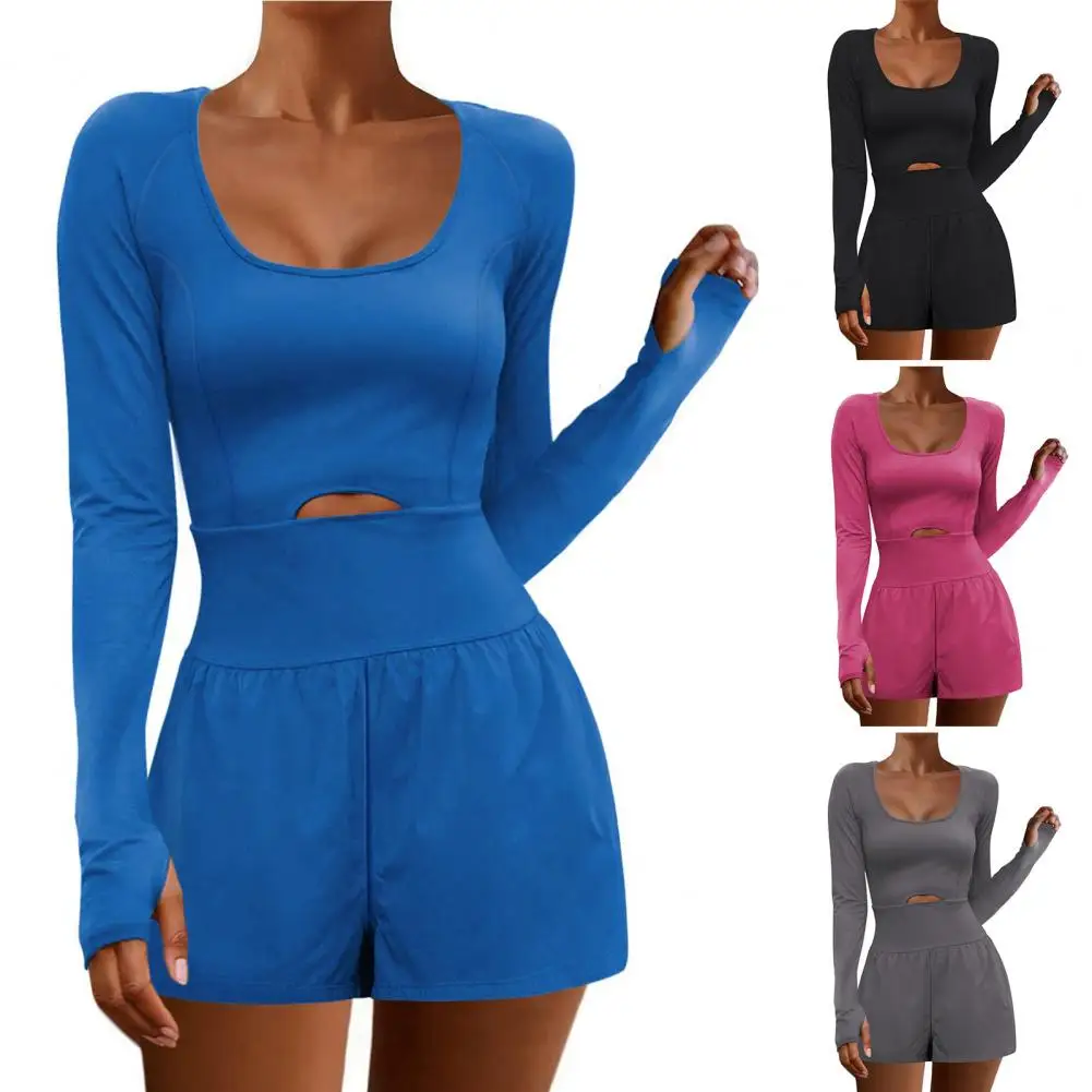 

Women Fall Spring Romper Hollow Out Backless Long Sleeves Scoop Neck Solid Color Elastic Soft Breathable Workout Jogging Romper