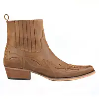 FootCourt- Cowboy Ankle Boots Tan Genuine Leather Retro Western Boots Boots Handcraft Elastic Sides