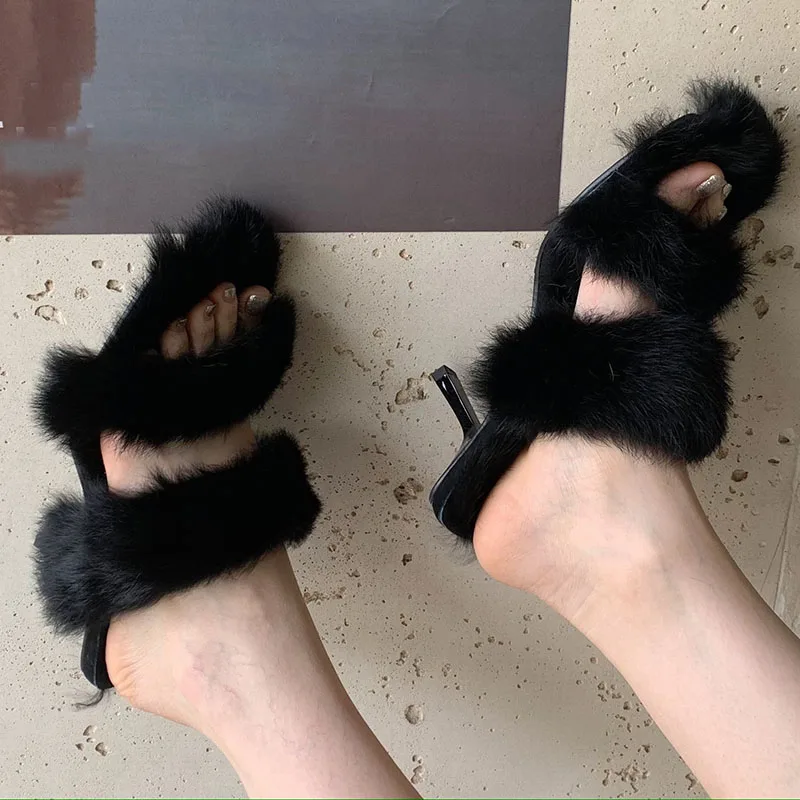 

Женские меховые туфли-лодочки, повседневные меховые шлепанцы без застежки, Плюшевые сандалии на высоком каблуке, сланцы, 2022