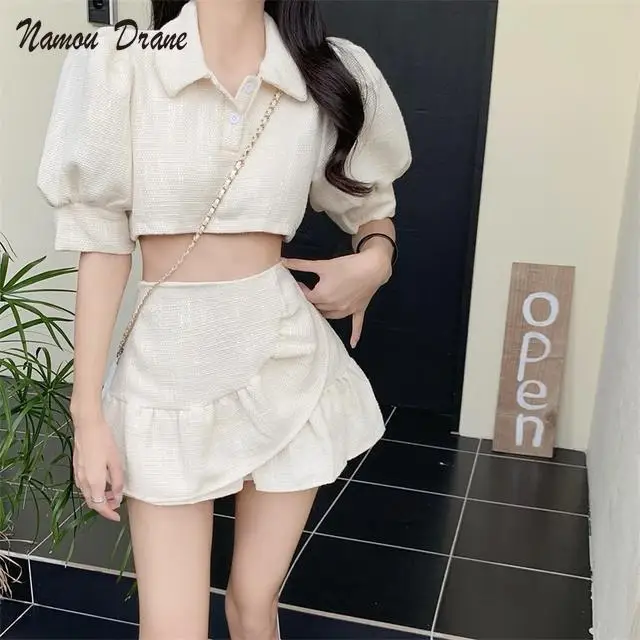 

Cute Solid Color Suit Summer First Love Puff Sleeve Top Ruffled Skirt Temperament Small Size Two-Piece Set for Women
