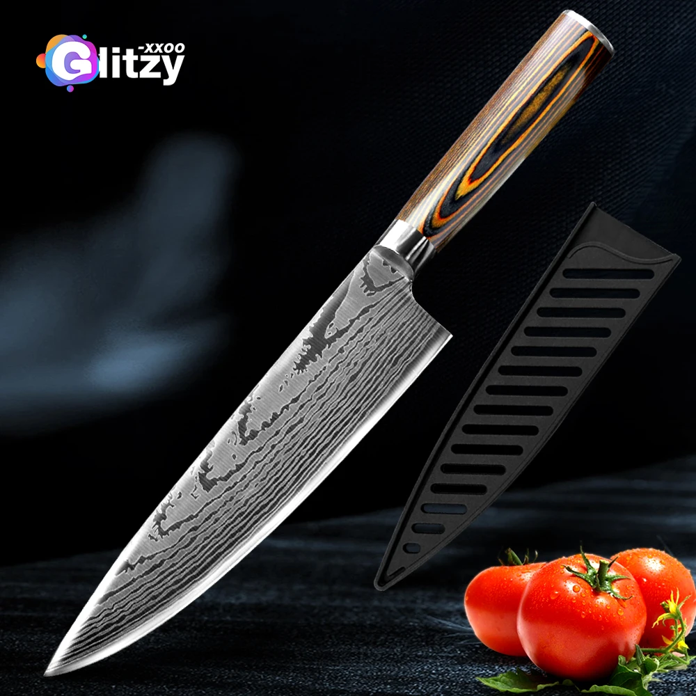 Японский нож шеф-повара 7CR17 440C Gyuto, 8 дюймов, высокоуглеродистая Нержавеющая сталь, лазерная шлифовка, имитация Дамасского Клинка