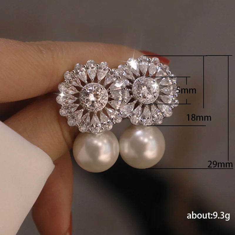

HOYON Diamond Flower Zircon Natural Pearl Pendant Earrings 925 Silver Ladies Sweet Bride Wedding Engagement Dinner Jewelry Gift