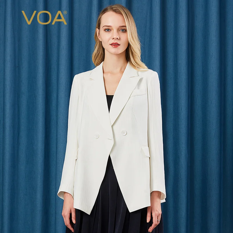 

VOA 46m/m Silk Office Lady Tops Stripe Long-sleeved Double-breasted Turn-down Collar Women Jacket Spring Autumn Coat W491