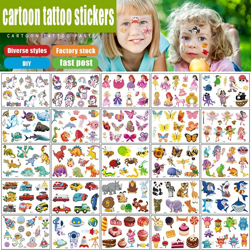 Pegatinas de tatuajes falsos para niños, tatuajes temporales de dibujos animados, brazos, arte corporal DIY, colección de dibujos animados, sirena, unicornio, animales, paquete de 12 1