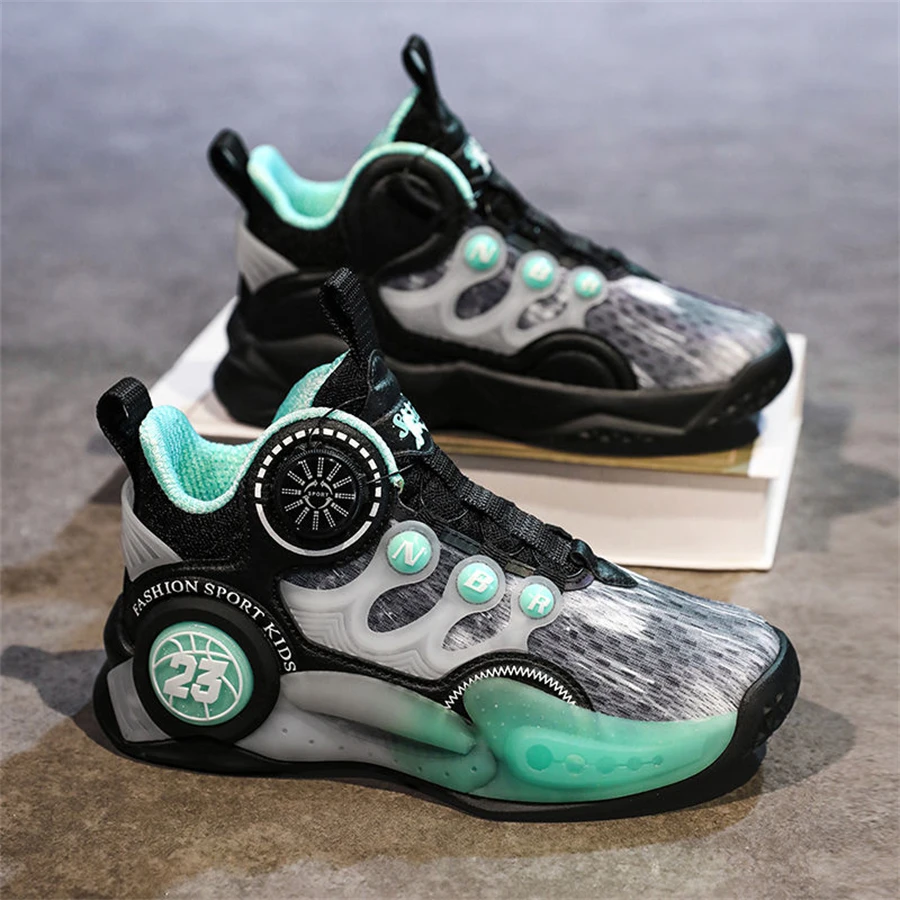 New Boys' Basketball Shoes High Quality Rotary Buckle Breathable Kids' Sneakers Non-Slip Children Jordans Trainer Sport Shoes