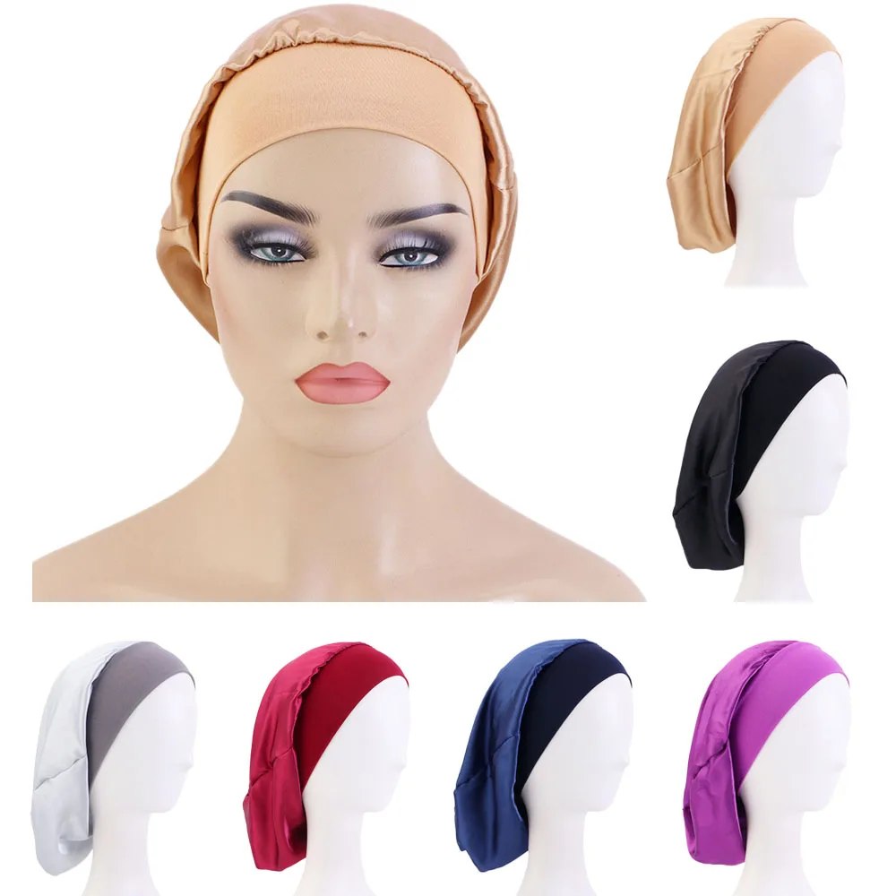 

Women Night Sleep Hair Caps Satin Bonnet Satin Wide Band Adjust Head Cover Hat Chemo For Curly Springy Hair Styling Accessories