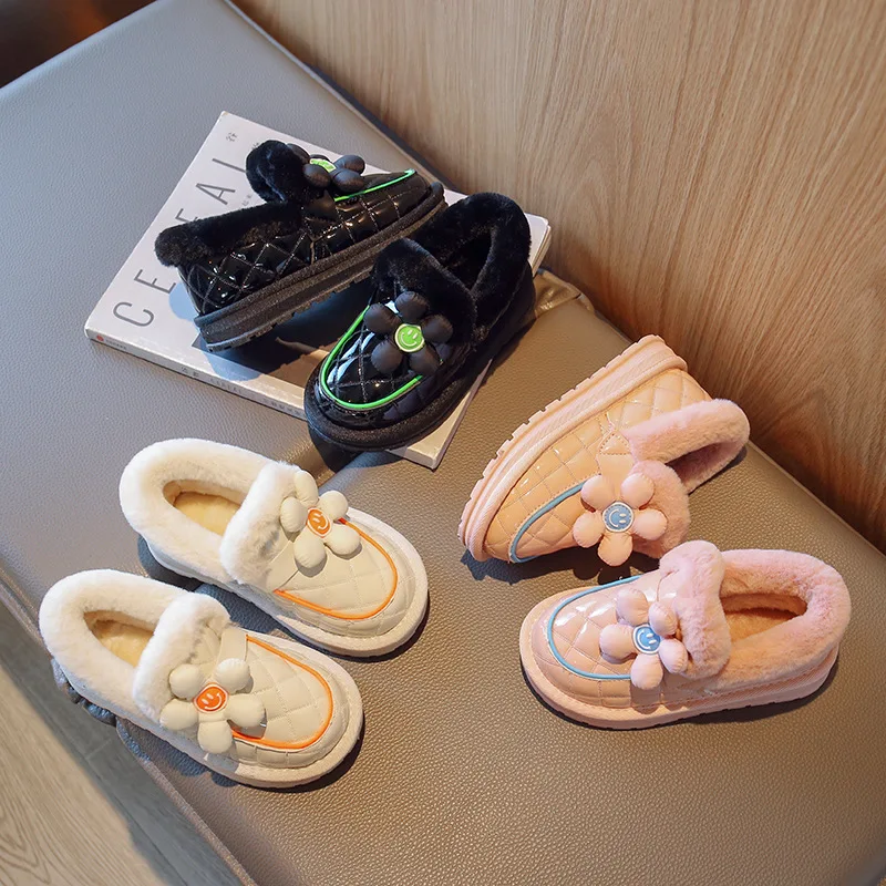 

Kids Cotton-padded Shoes Winter New Girls Versatile Casual Warm Solid Pink with Sunflower Cute Breathable Princess Casual Shoes