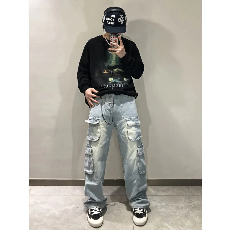 Blue Black Cargo Jeans Men Fashion Vintage Pocket Jeans Men Japanese Streetwear Hip-hop Loose Straight Denim Pants Mens Trousers