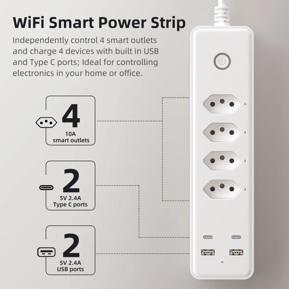 Умный удлинитель AVATTO Wi-Fi вилка Brazyli Tuya 2 USB Type-C