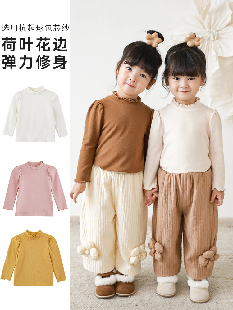 

Girls Winter Pullover Top 2022 New Children's Lace Collar Knit Baby Solid Color Base Top