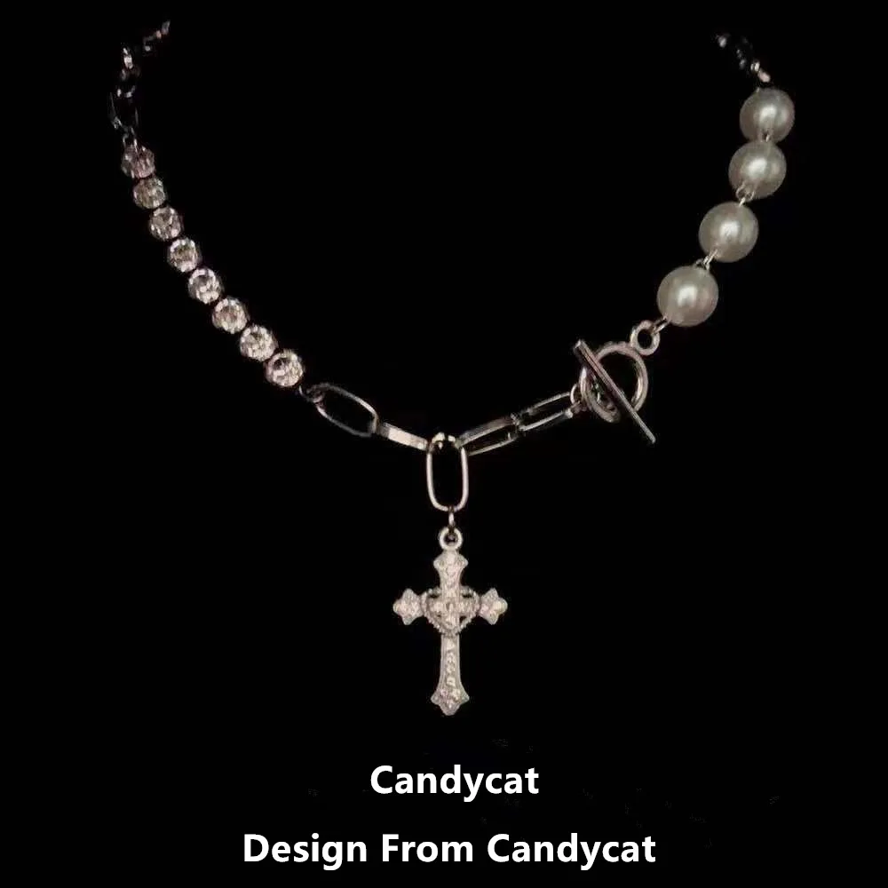 

European And American Retro Full Diamond Stitched Cross Necklace Female Hip Hop Punk Style Pearl Zircon Chain Clavicle Chain