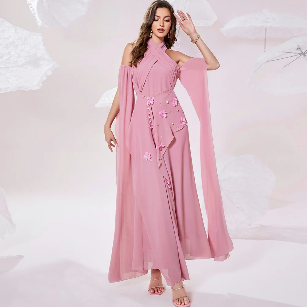 Flower Muslim Off Shoulder Sexy Arabic Dresses For Women 2022 Backless Halter Solid Color Abaya Dubai Long Soft Islamic Dress