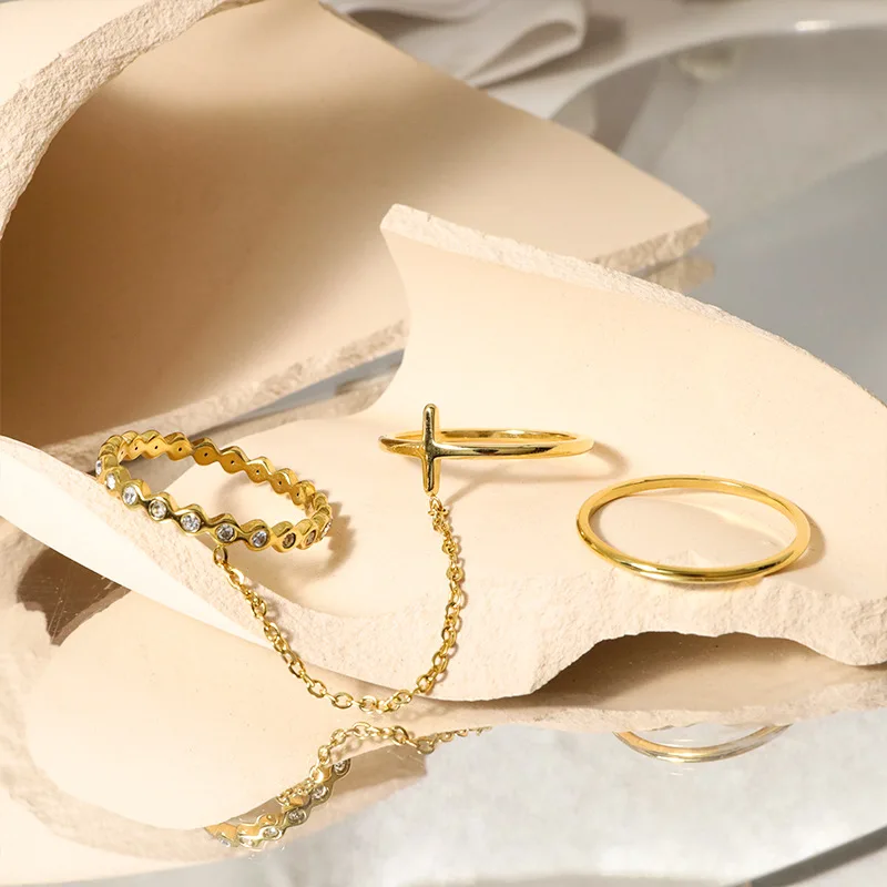 

Stainless Steel Waterproof Double Layer Chain Combination Ring 14K Gold Plated Minimalist Jewelry Sets For Women