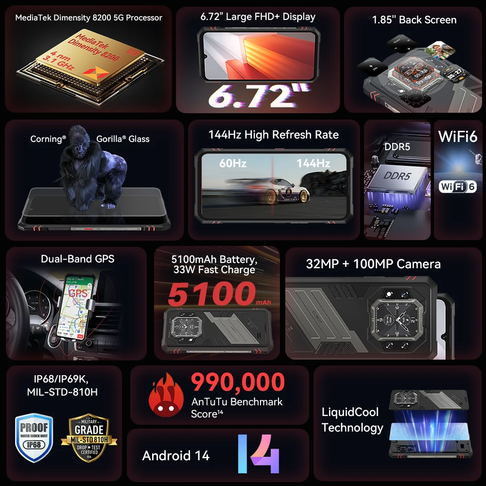 Ультратонкий прочный смартфон 5G Cubot King Kong Star 2 4 нм MTK D8200 3 1 ГГц 24 ГБ + 256 большой