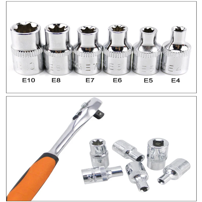 

Newly 6pcs 1/4 Inch Torx Star Female Bit E Socket Set E4 E5 E6 E7 E8 E10 Hand Tools Heat Treatment Ratchet Wrench Socket