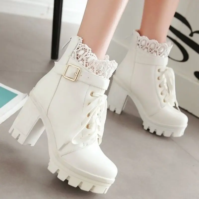 

Women's Ankle Boots Thick High Heel Ladies Leather Lace Up Martin Boots Lace Up Student Shoes Bottes Botines Plus Size 34-43