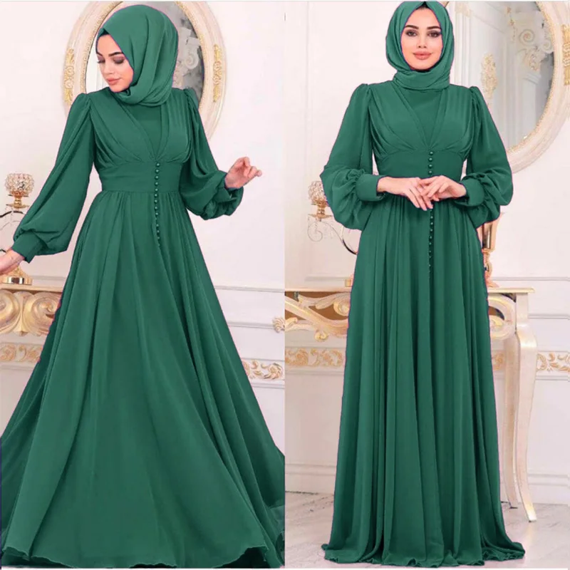 2022 Middle East Muslim Womens Long Dress Solid Color Large Size Chiffon Studded A-line Abayas for Women Islamic Clothing