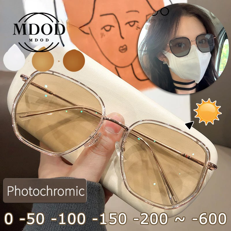 

MDOD Anti-blue Light Myopia Glasses with Photochromic Lenses TR Women's Fashion Polygon Metal Frame Glasses -50 To -600