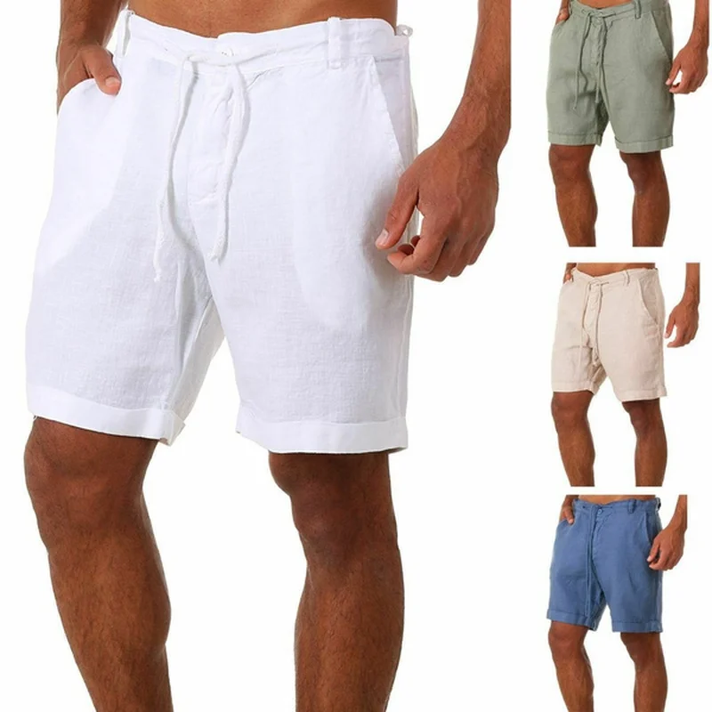 Beach Shorts Summer Linen Casual Single Pants Pure Color Lace-up  Shorts