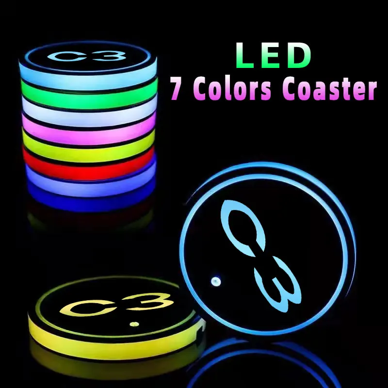 

2Pcs/Set Luminous Car Water Cup Coaster Holder 7 Colorful USB Charging Car Led Atmosphere Light For Citroen C3 Logo Accessories