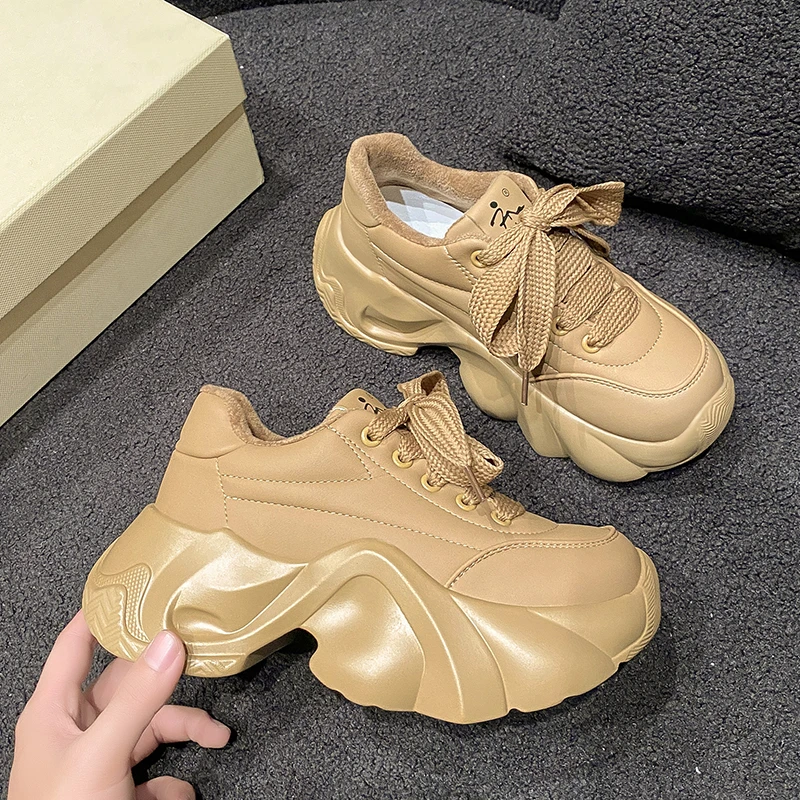 

Women Winter Warm Chunky Sneakers Thick Bottom Female Casual Leather Dad Shoe Lace Up 8CM High Platform Vulcanized Shoes Woman