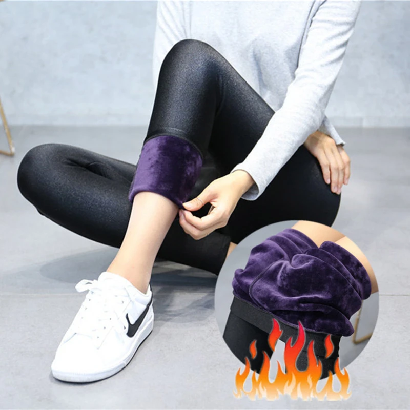 Women Super Thick Fleece Thermal Leggings Autumn Winter Faux Wool Lined Glossy Pants Soft Tight Winter Pencil Pants Body Shaping