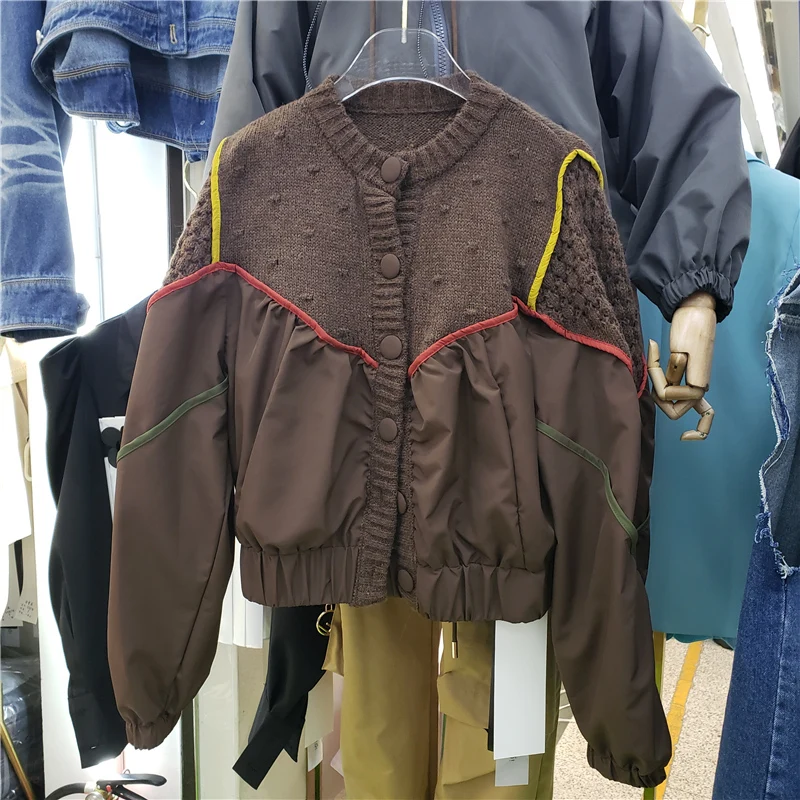 

Knit Splicing Long Sleeve Zipper Baseball Jackets Women Spring Autumn Korean Loose Short Stand Collar Bomber Jacket Coat Female