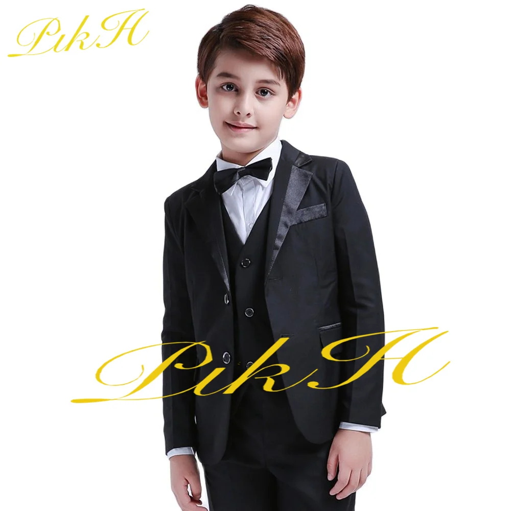 Boys Suit 3 Piece Set 3-16 Years Old Wedding Tuxedo Kids Jacket Vest Pants Black Lapel Clothes Child Blazer Set