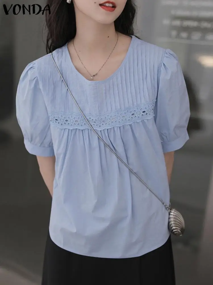 

Модные женские блузки VONDA 2022, летний Повседневный мешковатый плиссированный топ с коротким рукавом-фонариком, Кружевная туника, женские блу...