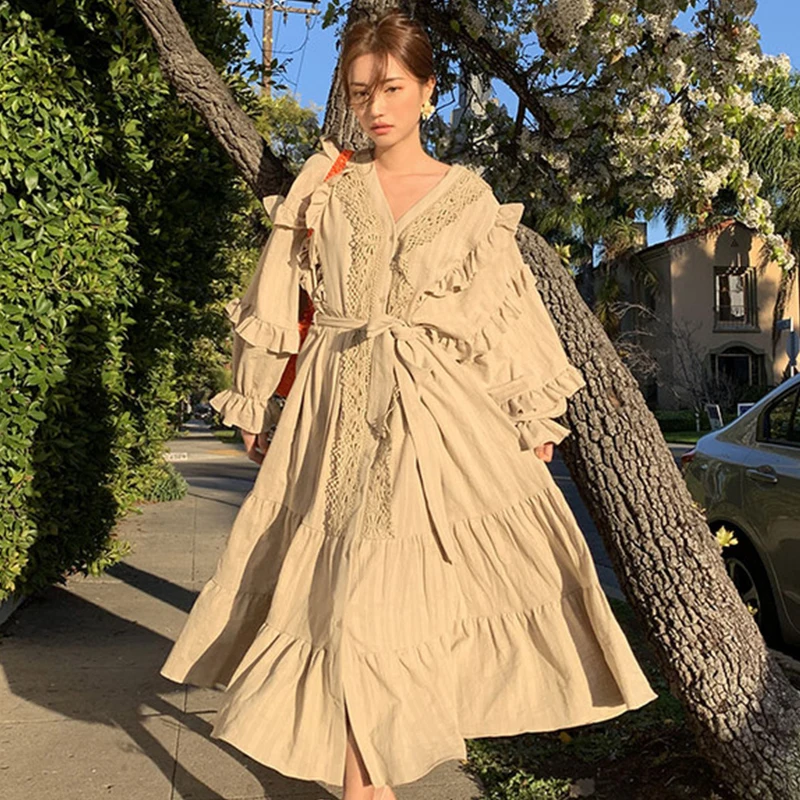 

SuperAen Korean Chic Autumn Retro New Style V-neck Patchwork High Waist Lace Flare Sleeve Long Dress