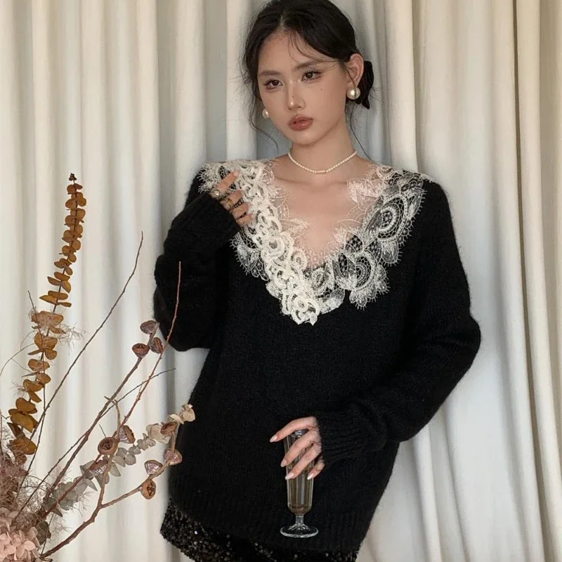 Korean Chic Sweet Lace Patchwoek V-neck Loose Pullovers Long Sleeve Casual Temperament Sweaters Women 2024 Fall Winter Jumpers